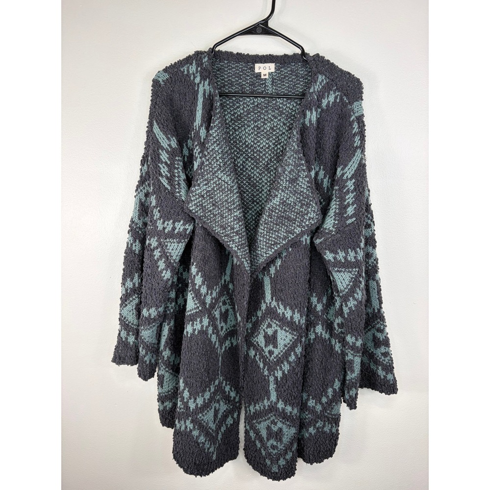 POL Oversized Popcorn Knit Cardigan Aztec Geometric Black Green Women's Medium